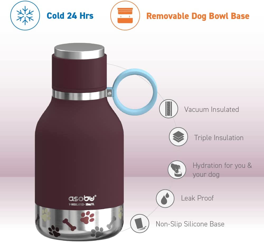 Dog Bowl Attached to Stainless Steel Insulated Bottle 1 Liter (Burgundy)